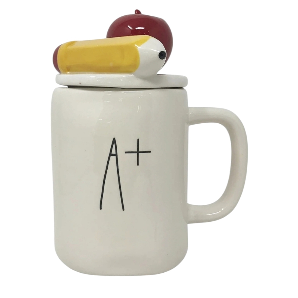 Rae Dunn A+ TEACHER MUG WITH TOPPER Apple Pencil School Teacher Gift NWT